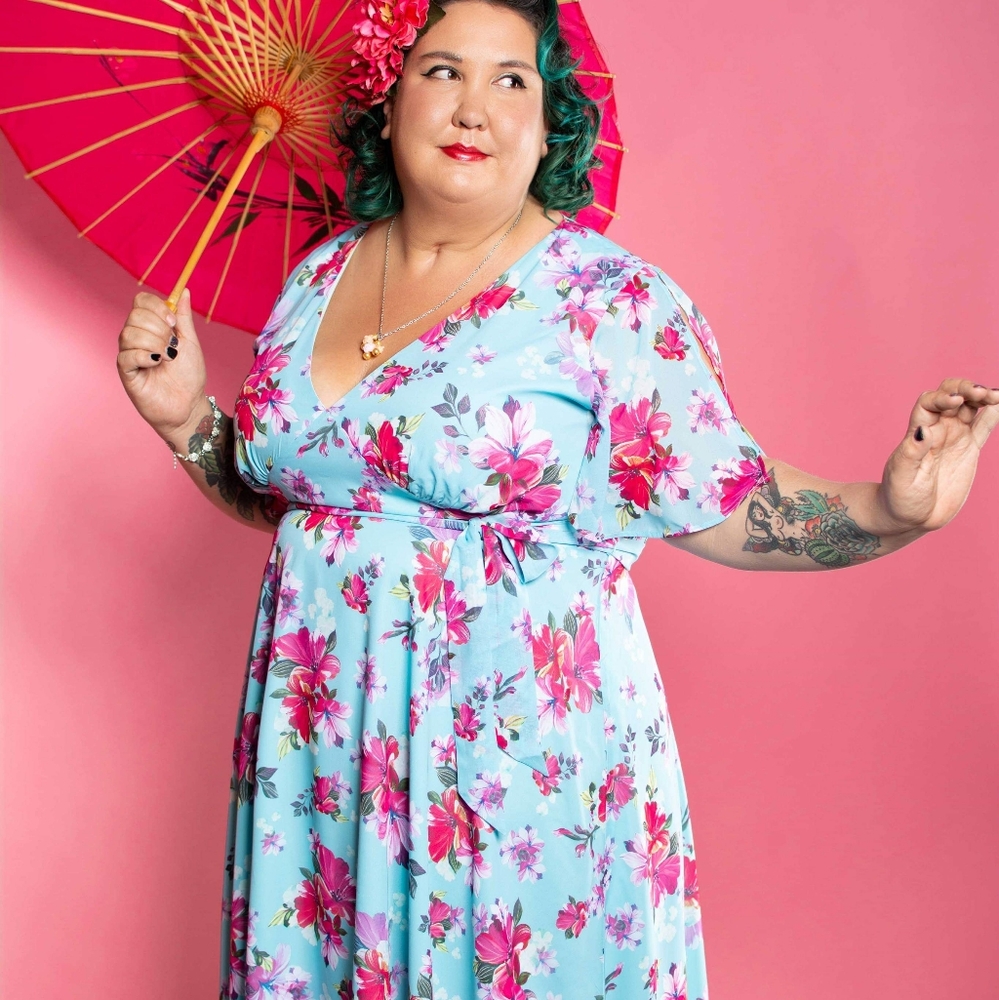 Hell Bunny Primavera Midi dress in blue and pink